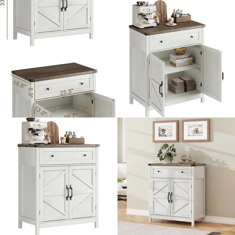 

Белый кухонный фуршет в стиле фермерского дома с кофе-баром и ящиками для хранения для кухни и гостиной