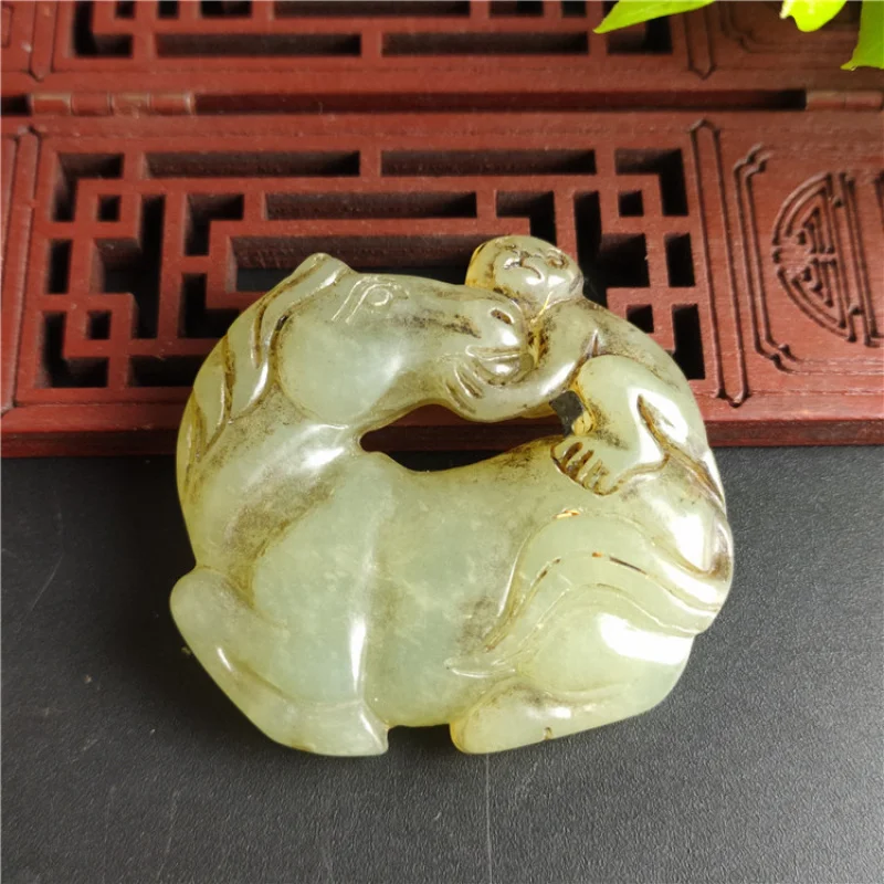 Antique Jade Natural Aged Crafts Xiu Jade Monkey on Horse Pendant Hanging Ornament Handheld Piece Wholesale