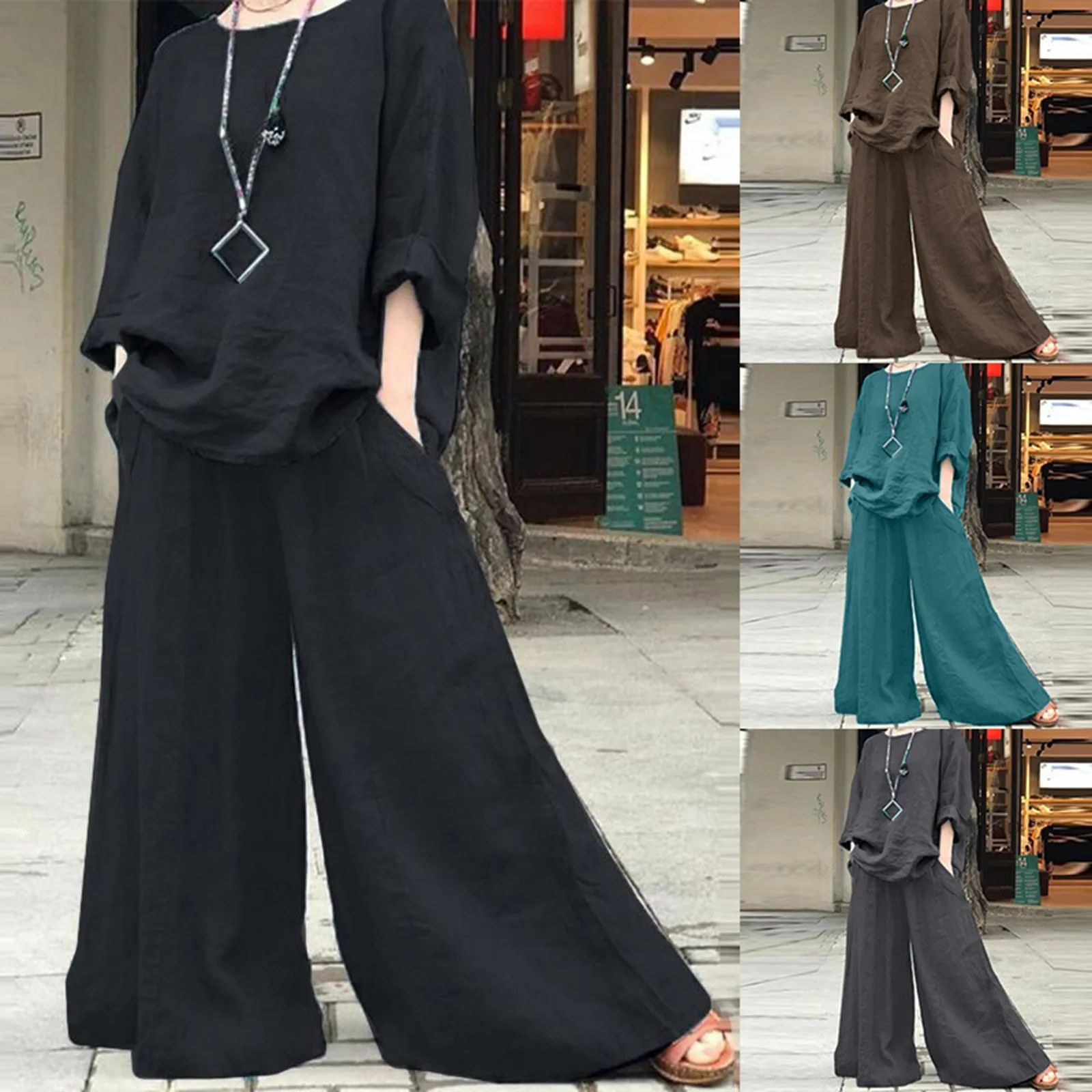 Women Fashion Casual Wide Leg Pant Set Loose O-neck Long Sleeve Shirt High Waist 2 PCS Set Chic Lady Holiday High Street Suit