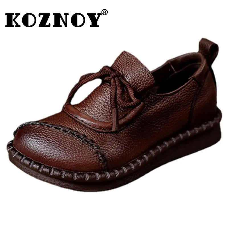 

Koznoy 2cm Sewing Genuine Leather Retro Vintage Round Toe Ethnic Comfortable Summer Women Sole Shallow Flats Loafers Lady Shoes
