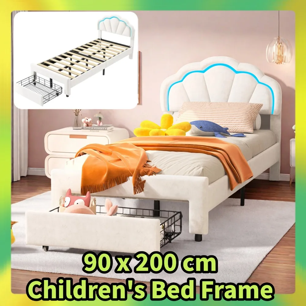 Coman lai Kinder bett 90x200cm mit blumen förmigem Kopfteil, gepolstertes Einzel bett mit LED-Leuchten und Schubladen, Samts toff