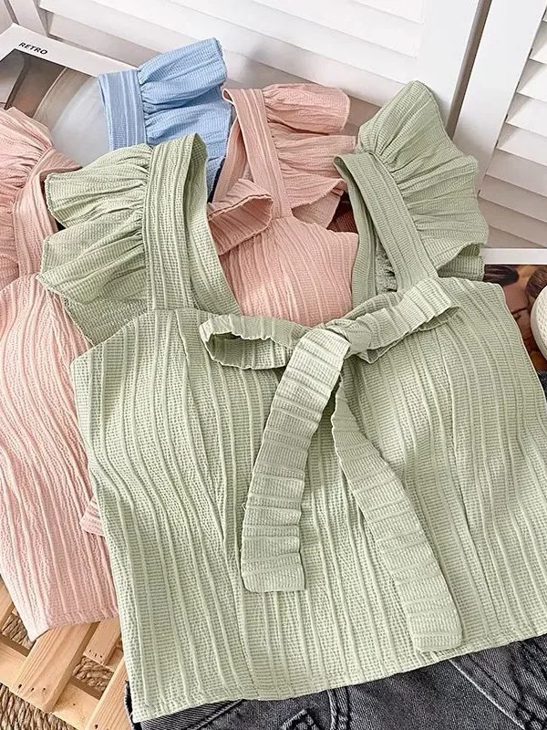 

Summer Solid Ruffled Camis Women Square Neck Sleeveless Bow Elastic Waist Strap Top Ladies Sweet Korea Short Tank top