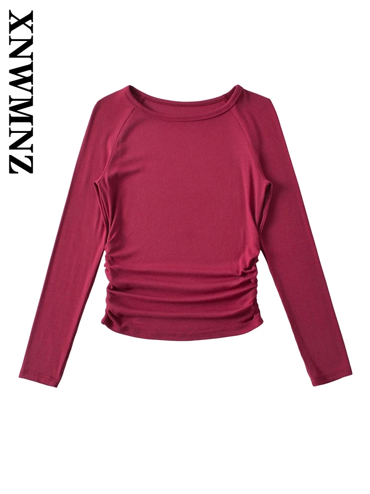 XNWMNZ 2024 Winter New Lady Vintage Long Sleeve T-shirt Pullover Sophisticated Autumn Woman O-Collar Long Sleeve Top Regular Fit