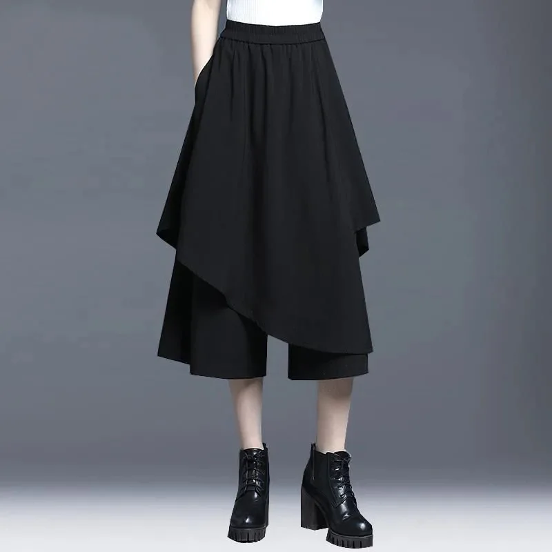 

Elastic Waist Black Wide-Leg Pants Spring And Summer New Retro Casual Pants Women Loose Slim Cropped Pants Skirt