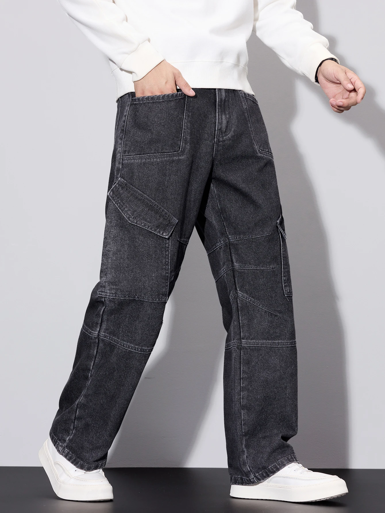 Men'S Fashion With Baggy Jeans - Calças Cargo Baggy Cinzas com Múltiplos