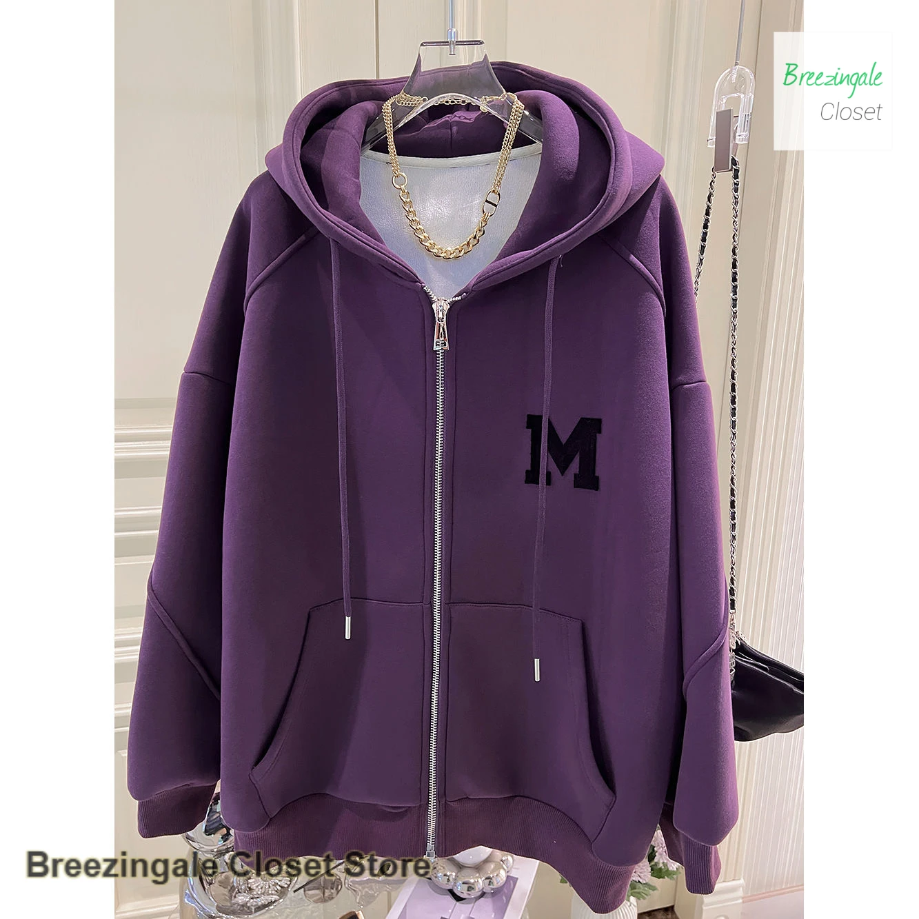 French purple style fashion plus size zipper cardigan sweater women spring and autumn retro loose fat lazy wind hooded coat.