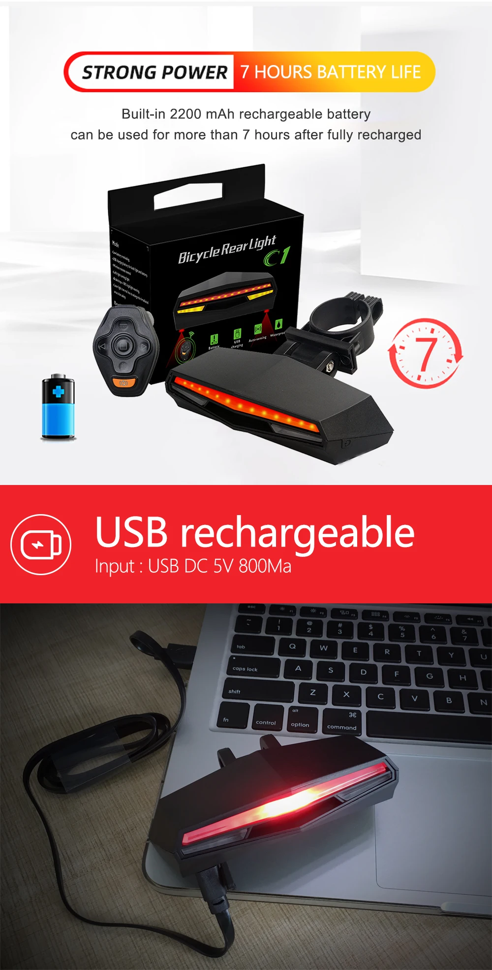 2 مؤشر الدراجة بالليزر إشارة الذيل ضوء لاسلكي عن بعد USB دراجة الضوء الخلفي