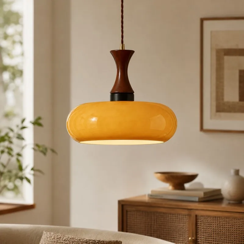 Vintage Amber Glass Pendant Light Wood Hanging Lamp Adjustable Cord 200cm for Dining Room Cafe Restaurant Hallway Loft Decor
