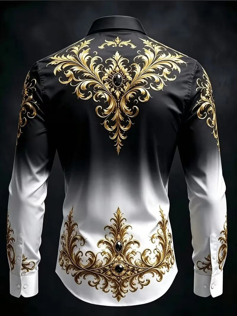 New black and white gradient gilded Baroque gemstone long sleeved shirt, light luxury and high-end men's shirt