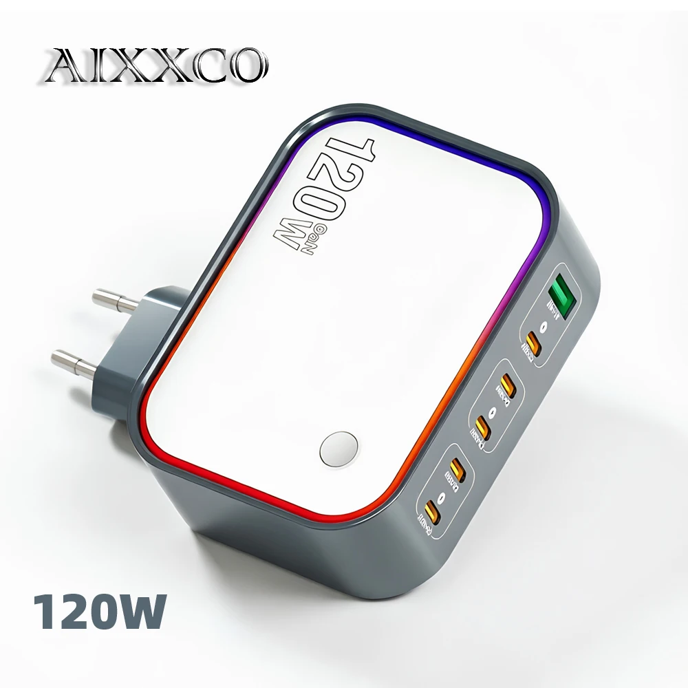 AIXXCO 120W GaN Fast Charger 6-Port USB-C PD QC3.0 Travel Charging Adapter for Laptops iPhone iPad Samsung