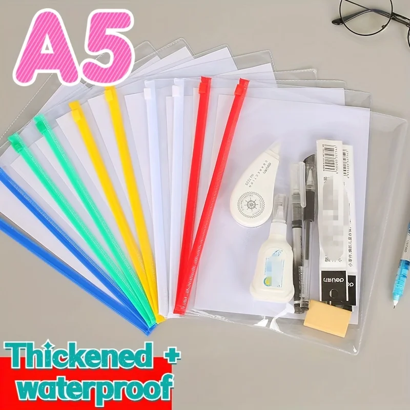 

10 Pcs Transparent Zip Envelope Document Pouches Zipper File Bag File Folder,A5 Size (5 Color)