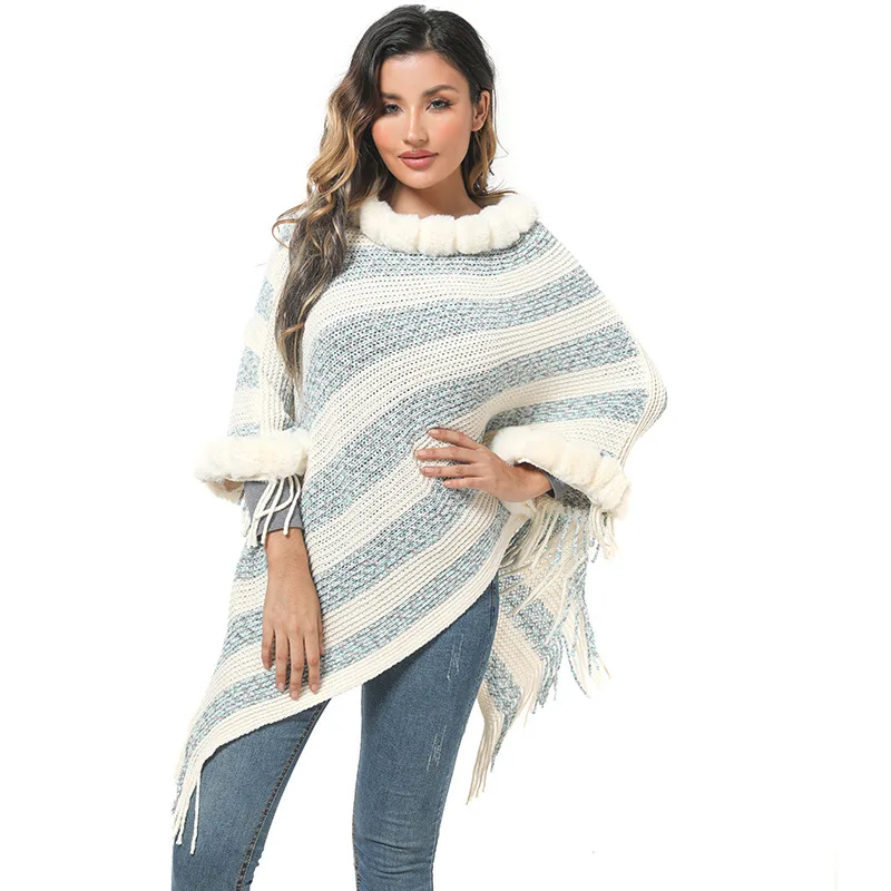 Poncho Mantel Nachahmung Otter Kaninchen Pelz Kragen gestrickte Pullover Cape Damen Chenille warm gestreiften Schal gestrickt Mantel Dame