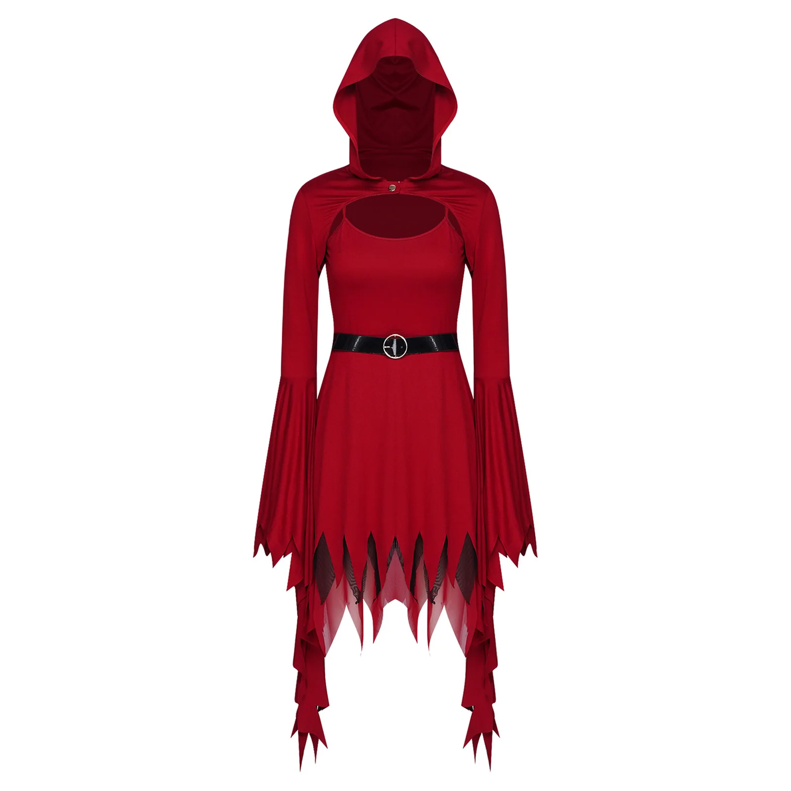 

Women Vintage Steampunk Dress Spaghetti Strap Jagged Dress with Hooded Long Sleeve Outwear And Waist Belt for Halloween Cosplay