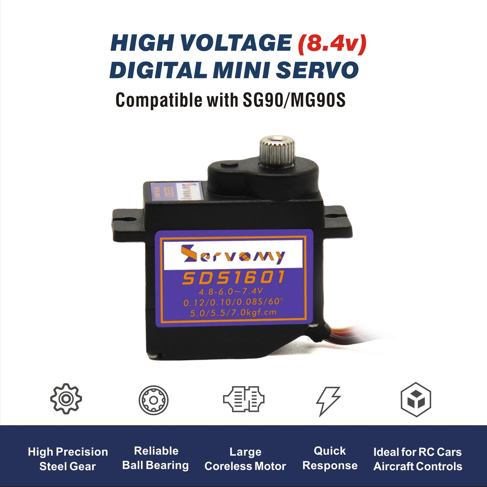

SERVOMY SDS1601- SG90 MG90S 9G Mini Size Servo Upgrade , High Torque Coreless Digital Steering Micro Servo, 7.5Kgf.cm 0.07s 8.4V