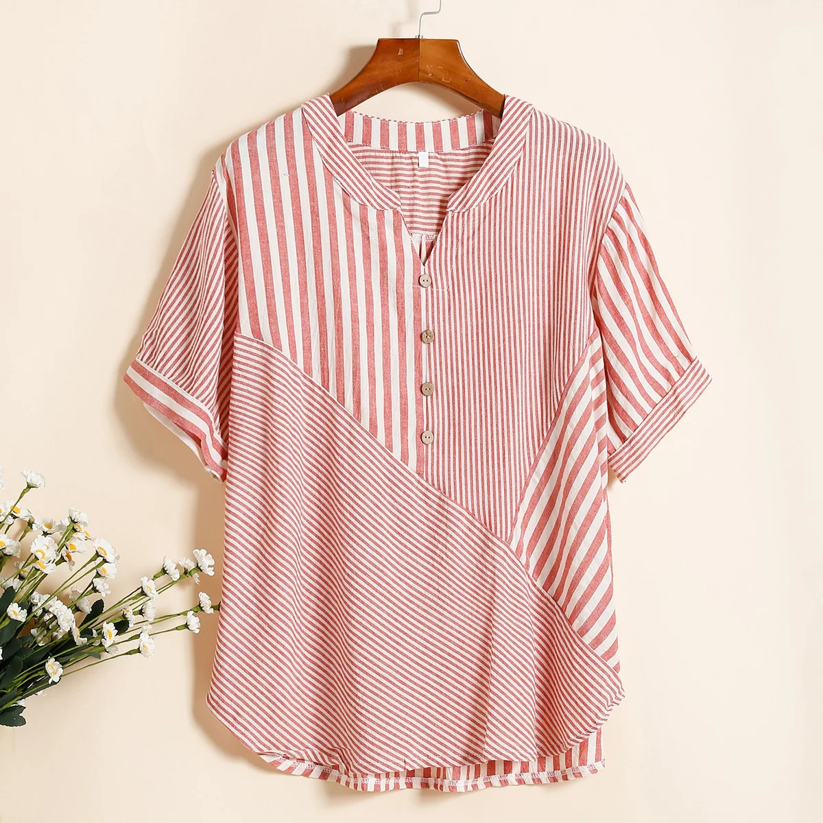 Oversized V-neck Comfortable Cotton Linen Shirt for Women\'s Summer New Asymmetrical Striped Patchwork Age Reducing Female Top