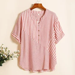 Oversized V-neck Comfortable Cotton Linen Shirt for Women's Summer New Asymmetrical Striped Patchwork Age Reducing Female Top