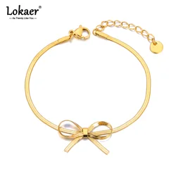 Lokaer Trendy Popular Snake Chain Bowknot Bow Charm Bracelet Bangle For Women Stainless Steel Waterproof Jewelry Bijoux B24020