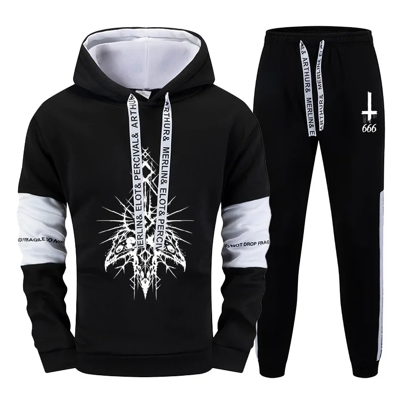 

Autumn Winter Daily Casual Sporty Sweatshirts Jogging Suit Satan Inverted Cross Hoodies Sweatpants Urban Trend Hooded Streetwear