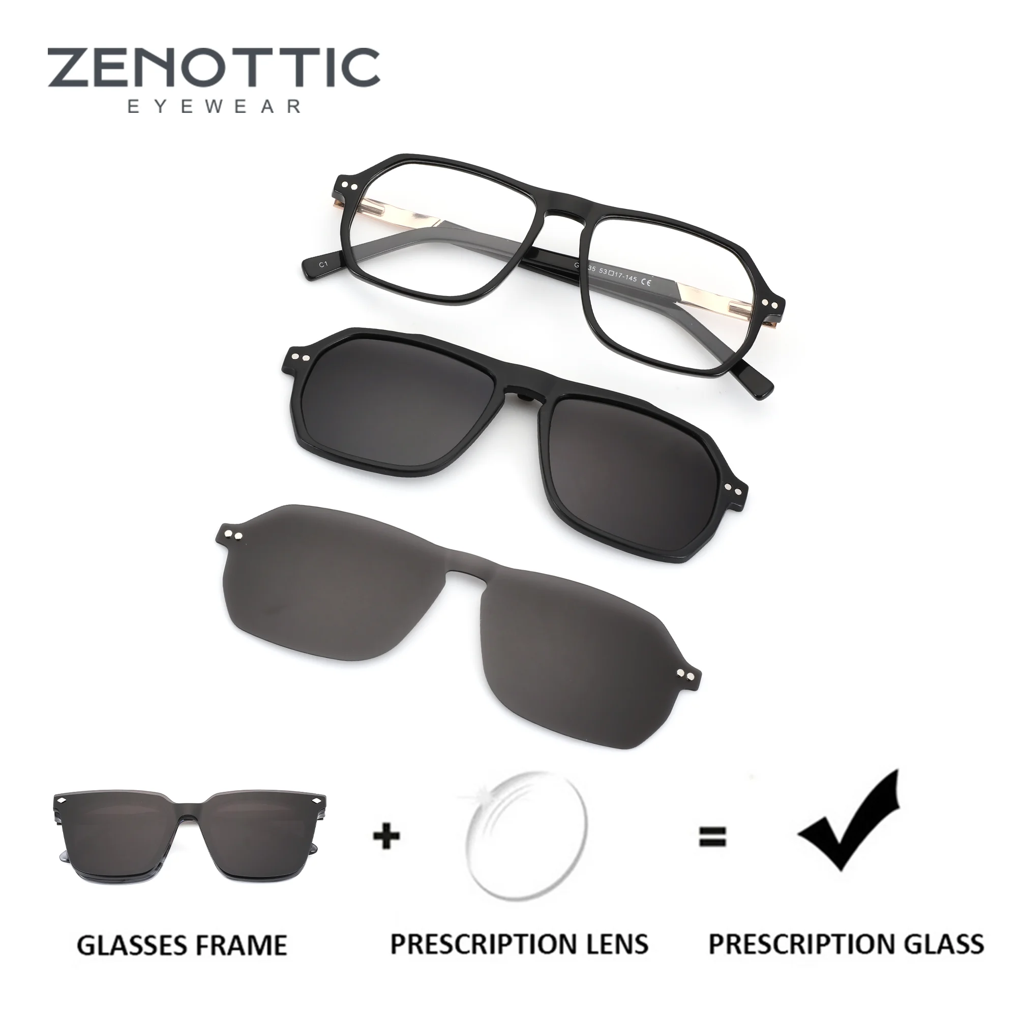 ZENOTTIC (M Size）Modish Classic Prescription Glasses Men Polygon Acetate Magnetic Attachment Myopia Lenses