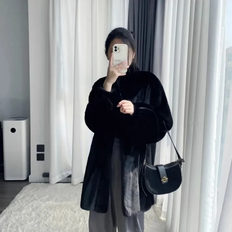 High-end Socialite Mink New Two-color gold mink Stand collar Imitation mink Coat 2026 Women's Medium long Thick Parka Overcoat