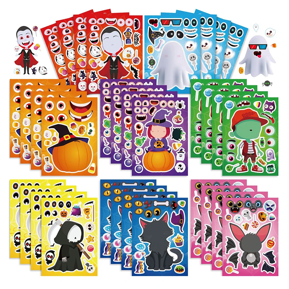 8/16Sheets Children DIY Puzzle Stickers Horror Halloween Decoration Cute Ghost Vampires Bat Decals Kids Jigsaw Toys Party Gifts