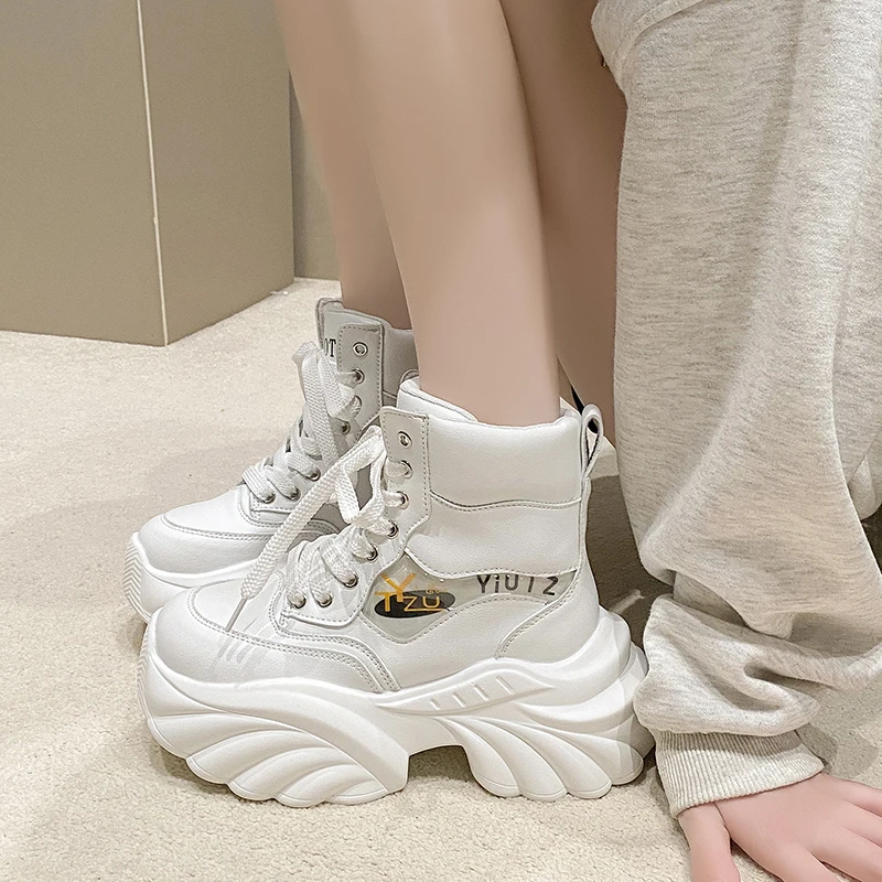 8 سنتيمتر منصة الأحذية النسائية مصمم الأزياء الجلود مكتنزة دراجة نارية الأحذية الراحة عالية أعلى منتصف العجل الأحذية للنساء بوتاس Mujer