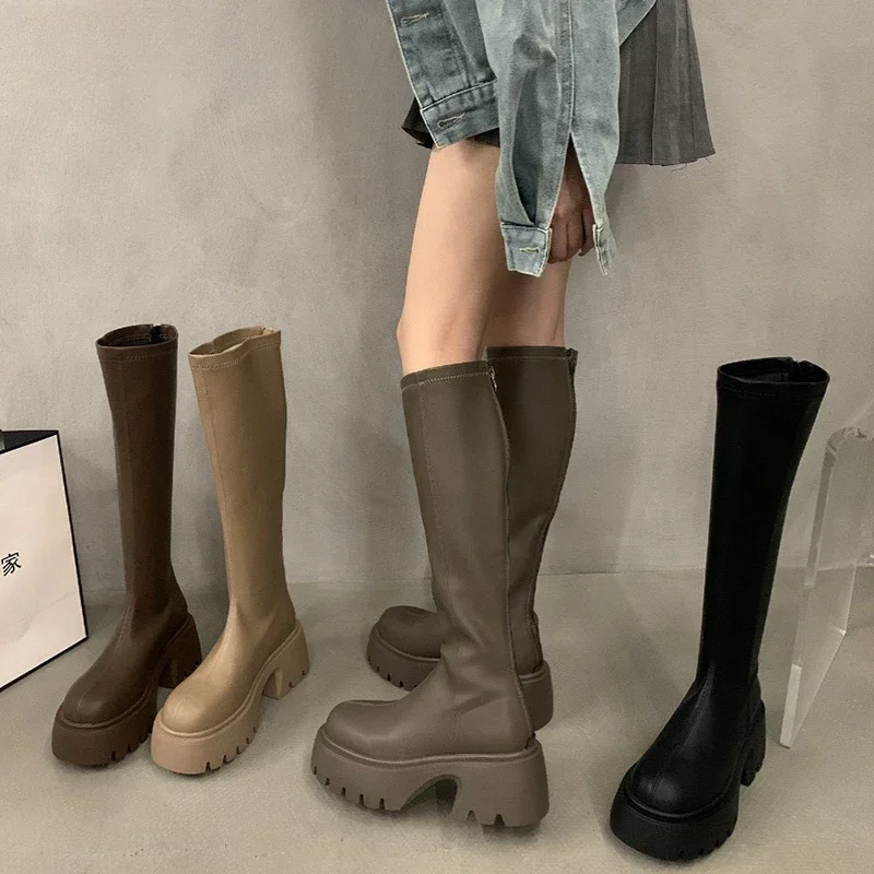 Winter High Boots For Women Fashion Back Zippers Long Boots Female Elegant Platform Thick Bottom Women\'s Knight Botties