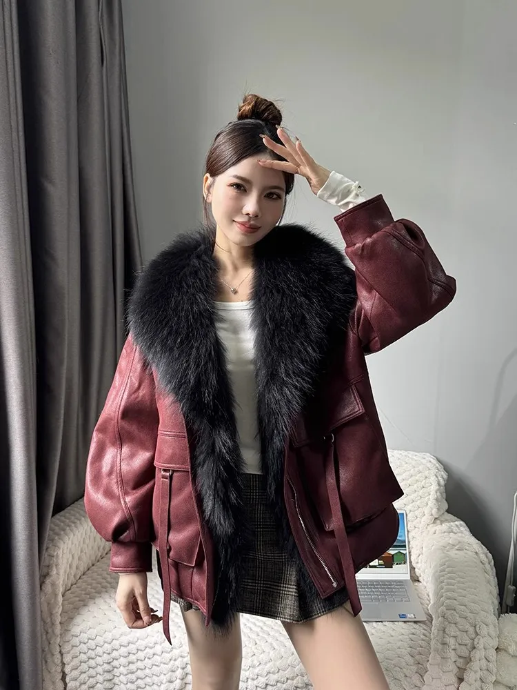 Winter Women Loose Fit Thick Warm Down Jacket Raccoon Fur Collar Faux Leather Motorcycle Overcoat Casual Streetwear Outwear Coat