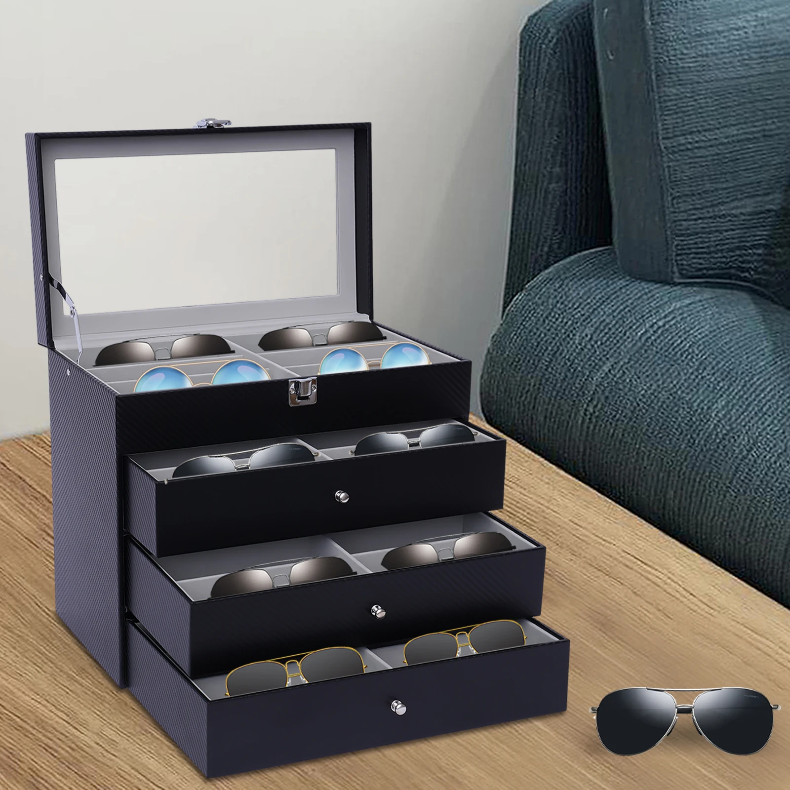 

4 Layer Black Sunglasses Display Case, PU Leather Eyeglass Storage Box Organizer for Storage and Display (24 Slots)