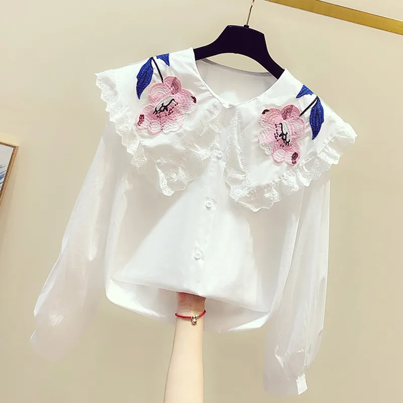 Women's Turn-Down Collar Long-Sleeved Shirt, Solid White Tops, Lady Outwear, Flower Embroidery, Summer, New, 2025