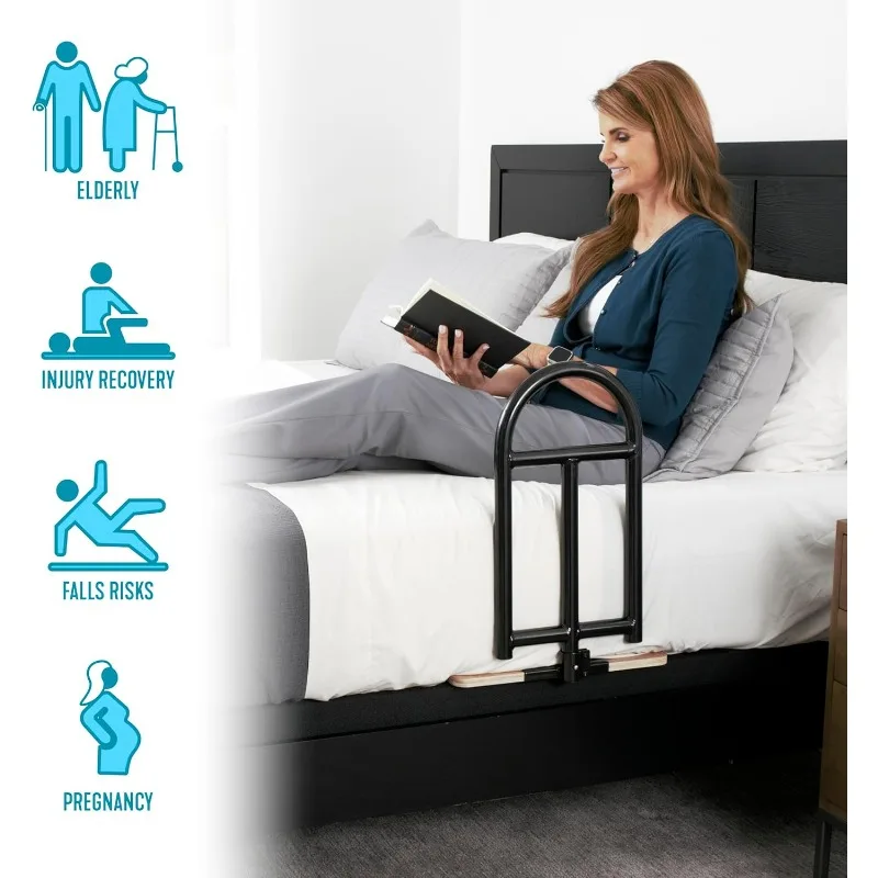 Adult Bed Rail&Support Handle,Bedside Safety Elderly Stand Assist w/ Organizer Pouch10.5"W x 15.75"H,Powder Coated Steel,Bamboo