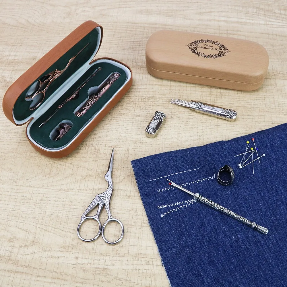 Vintage Sewing Kit in Eyeglass Case with Thread Winder and Positioning Needle Complete Set for All Your Sewing Needs Accessories