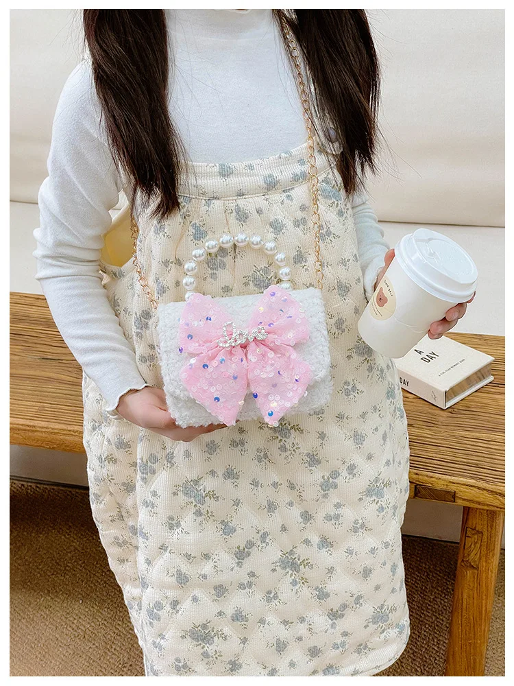 لؤلؤة مقبض الفتيات لطيف الأميرة أفخم حقائب الكتف الحلو القوس الأطفال مربع حقيبة ساعي الشتاء سلسلة محفظة حقائب اليد هدية