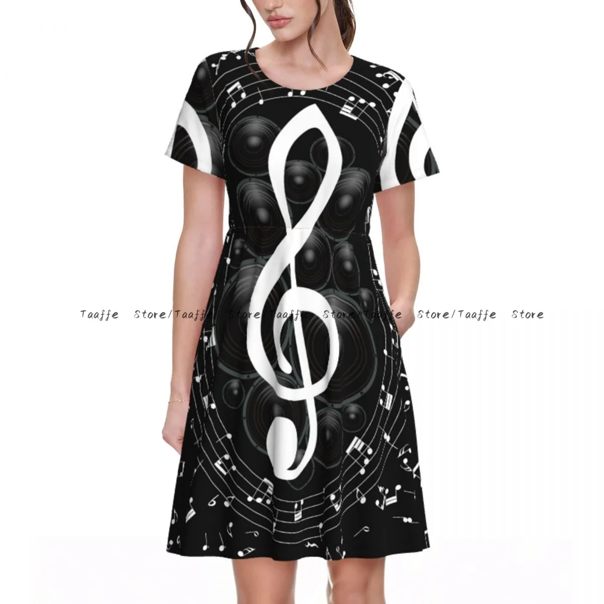 

Summer Musical Notes Staff Background Dress Women Casual Round Neck Short Sleeve Dress