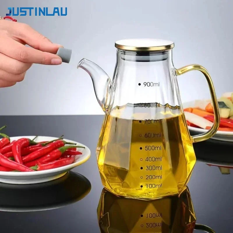 JUSTINLAU Glass Oil Pots 500/700/900ml Leak Proof Diamond Oil Bottle with Scale/Lid Sauce Vinegar Condiment Storage Container
