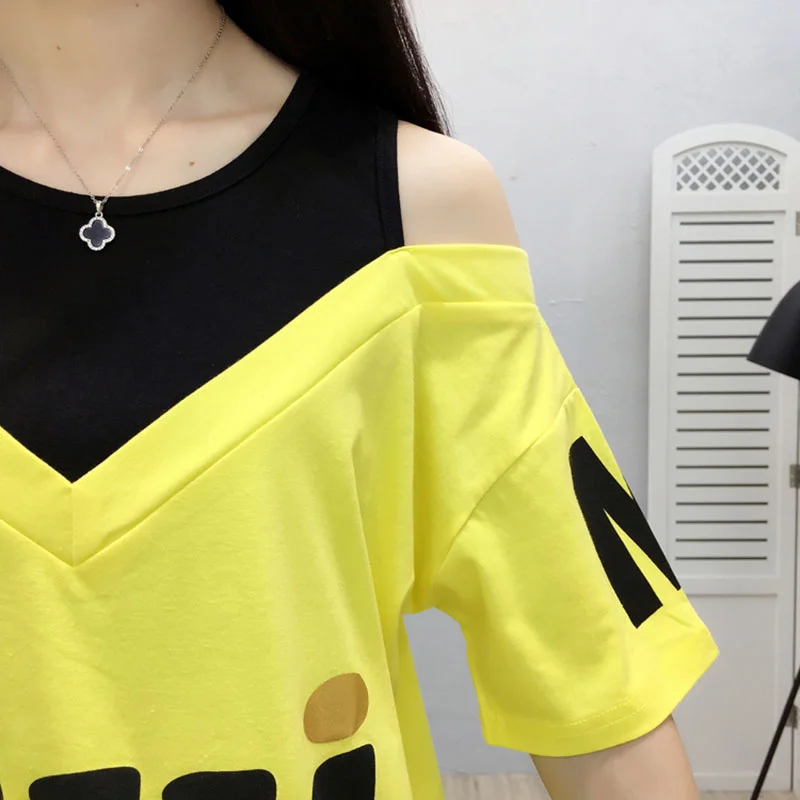 2024 Summer Korean Short-sleeved T-shirt Women\'s O- Neck Cotton T-shirt Fake Two-piece Loose Letter Shoulder Drop Strap Top