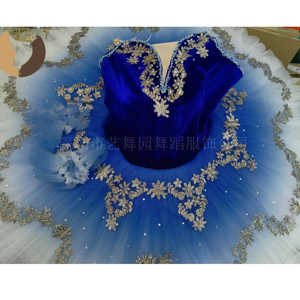 

FLTOTURE YN2034 Amazing Classical Elastic Royal Blue Velvet Dance Costumes Blue Bird Variations 10 Layers Ombre Platter Skirt