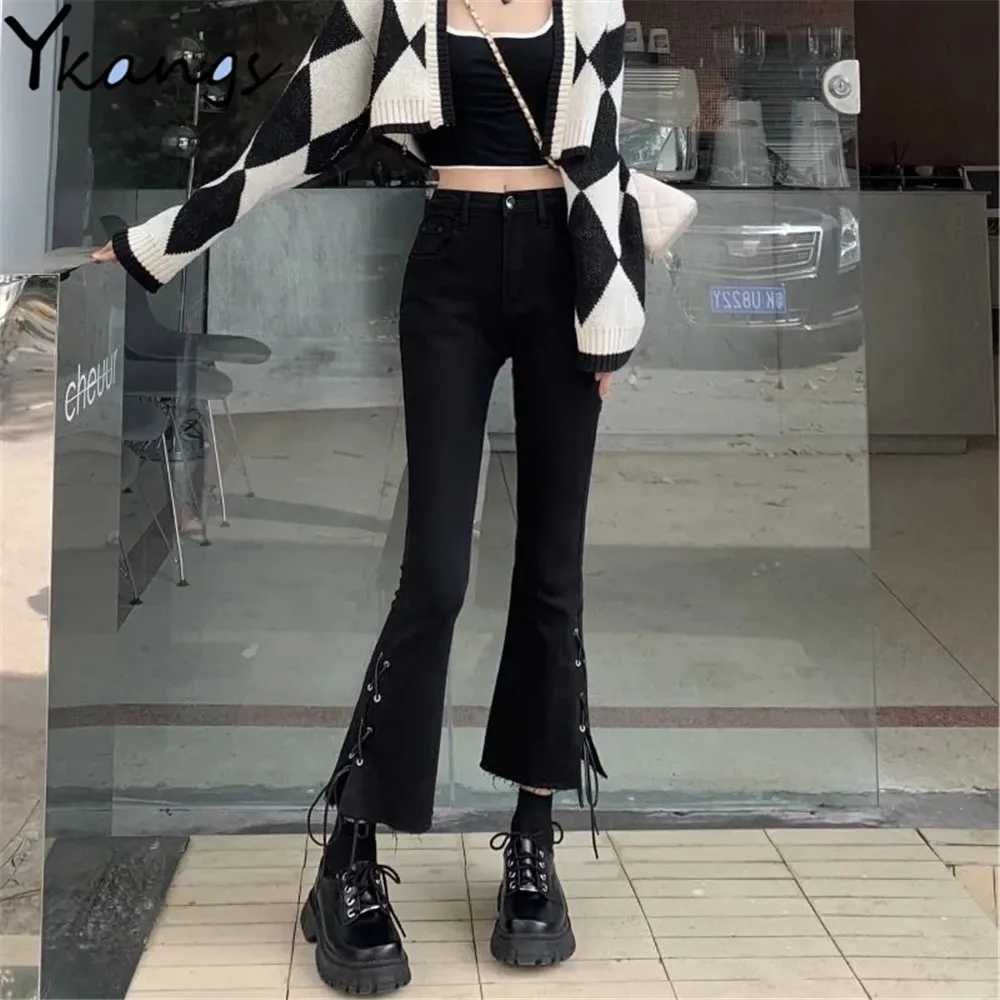 Black Bandage Design Flare Jeans Women Slim Y2k Aesthetics Ankle-Length Sweet High Waist Casual Streetwear Skinny Wild Korean