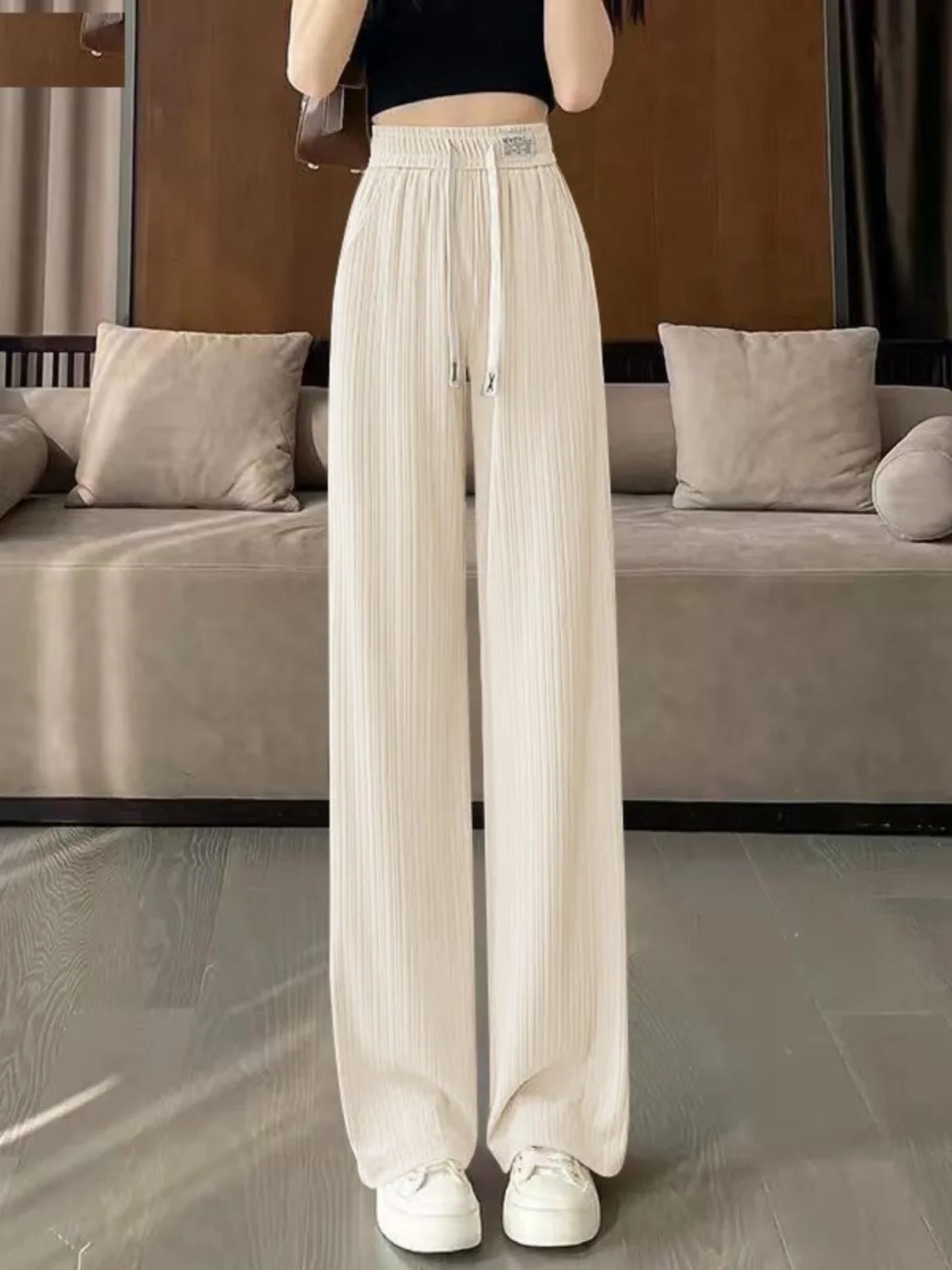 New plus Size Ice Silk Wide Leg Pants Women Summer Thin High Waist Draped Straight Casual Floor Length Cool Ladies Trousers