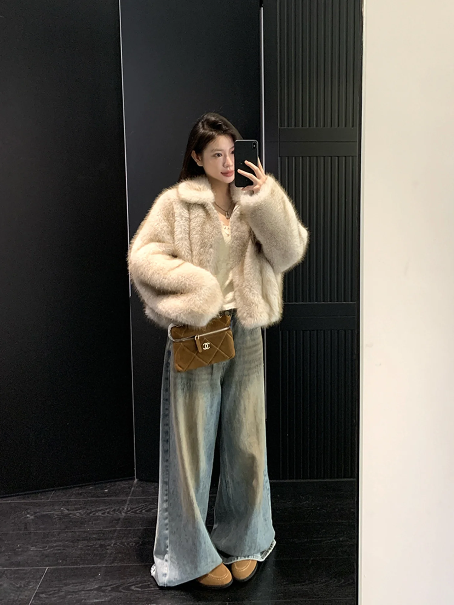 

Withmxboom ey Fur Collar ort Coat Women's Winter Vintage Lazy Loose Top Pelt Whole Skin Zipper Closure Long Sve