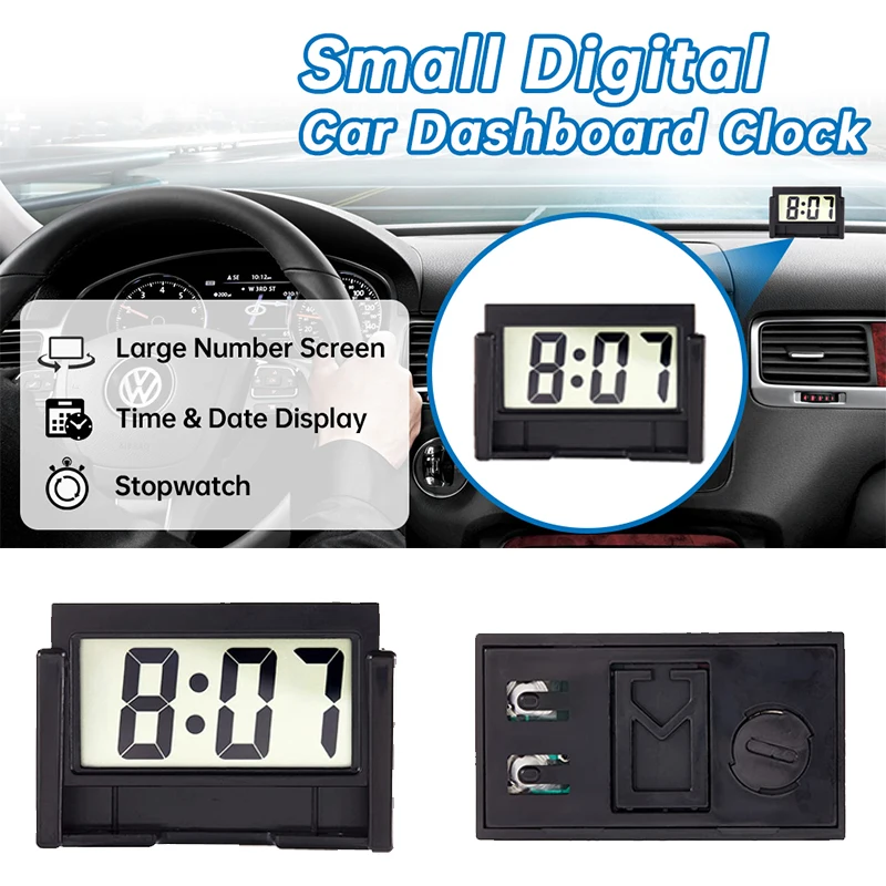 Small Digital Clock With LCD Time & Day Display Self-adhesive Mini Automotive Digital Clock for Car Truck Dashboard & Air Vent