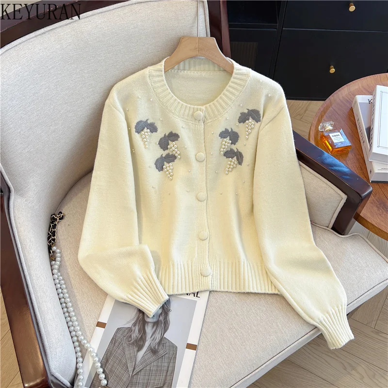 Sweet Knitted Cardigan Women Autumn O-Neck Long Sleeve Three-dimensional Grape Embroidery Beaded Short Sweater Ladies Loose Tops