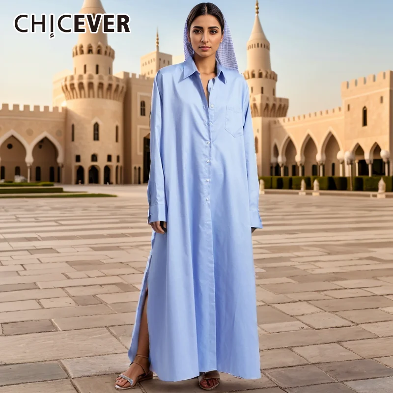 CHICEVER Loose Minimalist Dress For Women Lapel Straight Spliced Single Breasted Casual Long Dresses Female Summer Clothing New