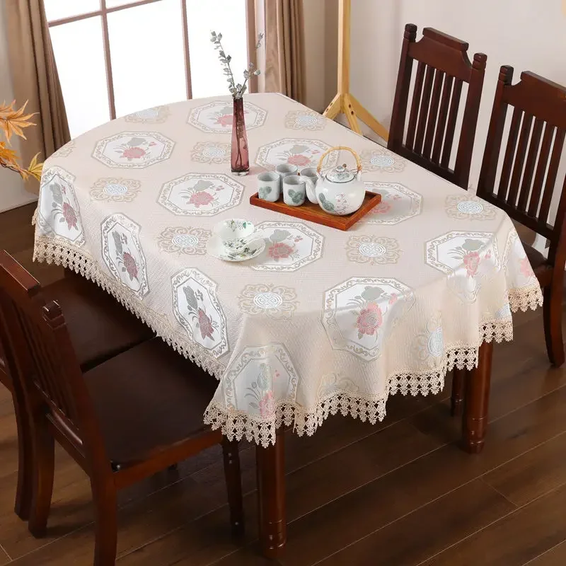 

Luxury Floral Jacquard Tablecloth with Lace, Table Cover, European Style, Decorative, Washable, Dining, Home, 200cm