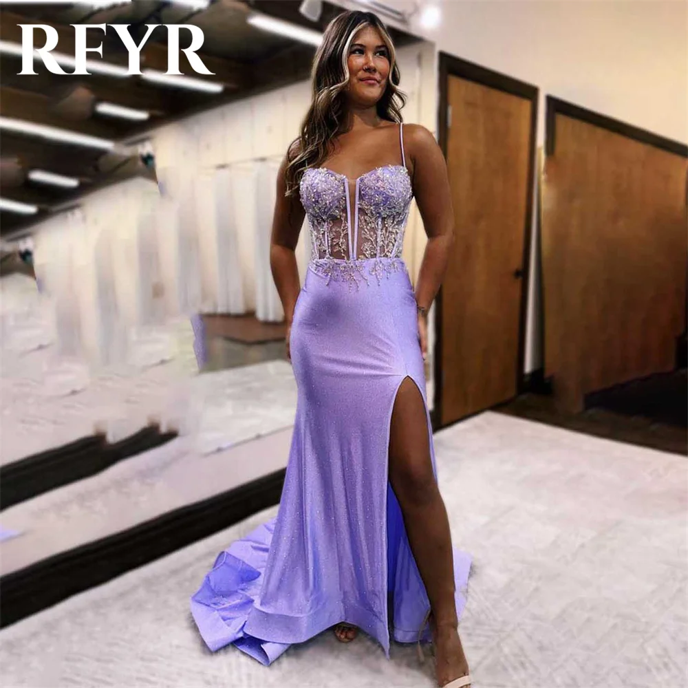 

RFYR Purple Evening Gown Trumpet Sweetheart Prom Dress Spaghetti Strap Pleats Stain Evening Dress with Side Slit robes de soirée