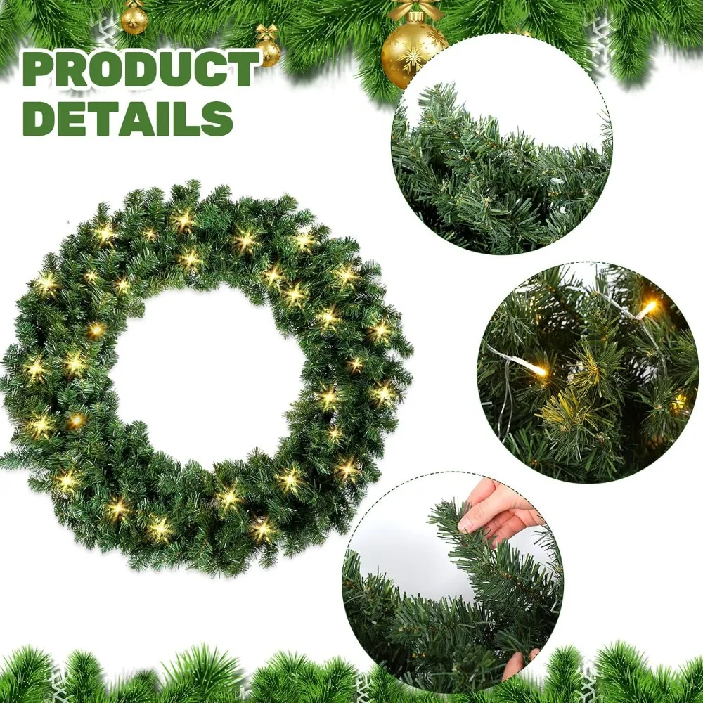 11Pcs Outdoor Large Christmas Wreath and Garlands Set Giant Christmas Wreath 33ft Garlands 2 Light String 7 Xmas Bow