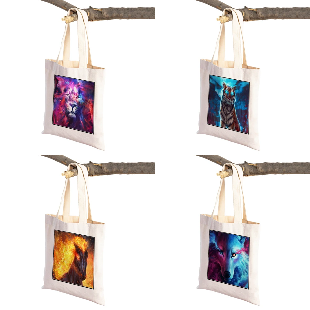 Watercolor Mythology Art Women Canvas Shopping Bags Both Sides Cartoon Animal Lion Wolf Supermarket Shopper Bags Tote Handbag