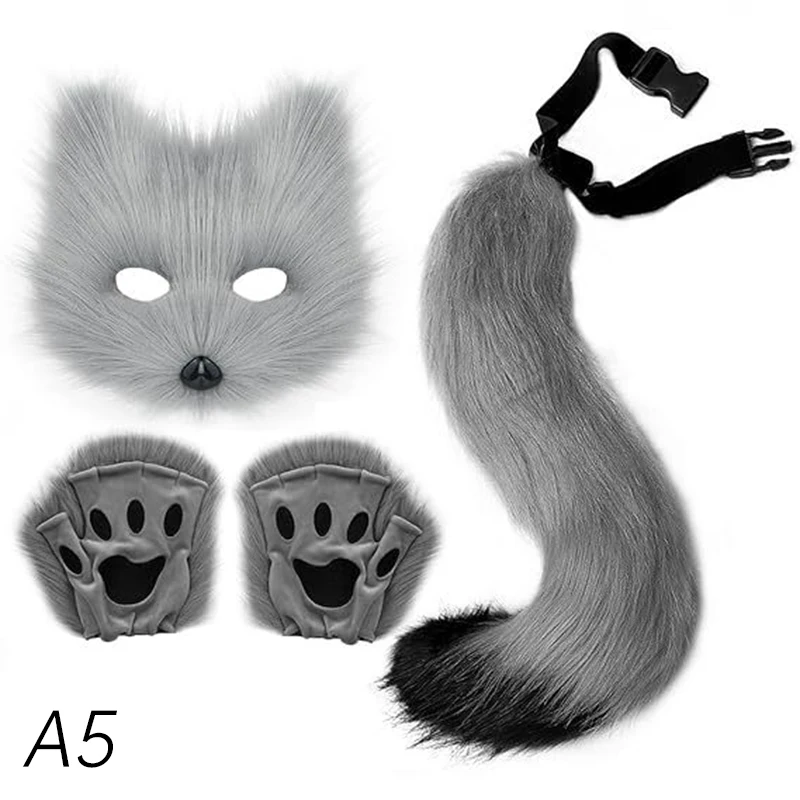 Foxes Costume Set Furry Gloves Tail Plush Animal Face Cover Cat Ears Headband Halloween Costume Foxes Tail  For Cosplay Party