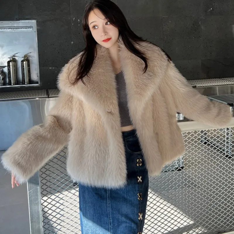 

2025 женская зимняя куртка из искусственного меха с лацканами, теплое утепленное пальто с длинными рукавами, пушистый пушистый верх, меховая повседневная одежда, топы в винтажном стиле