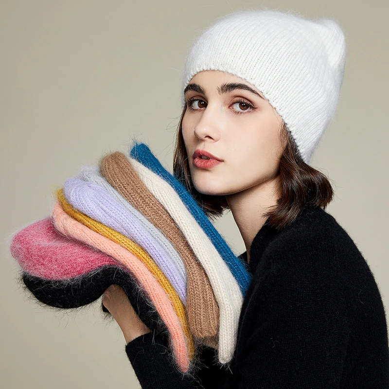 VISROVER 10 colors solid color rabbit fur Winter Hat for woman long hair Warm cap Simple High Quality soft Winter Beanies